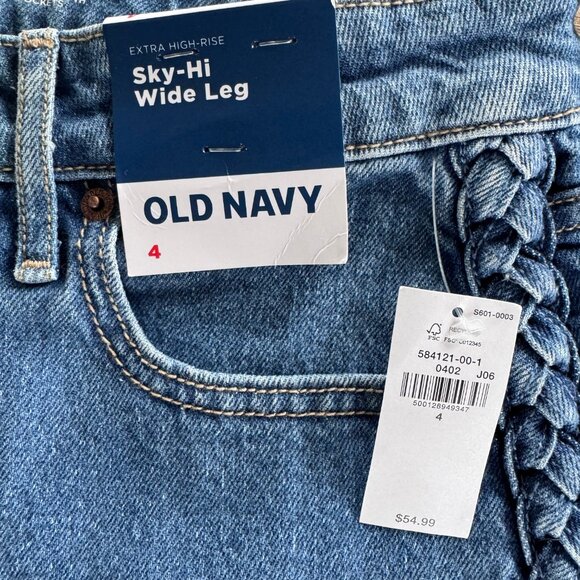 NWT Old Navy Extra High Rise Sky-Hi Wide Leg Jeans with Braiding, Size 4 - Picture 8 of 10